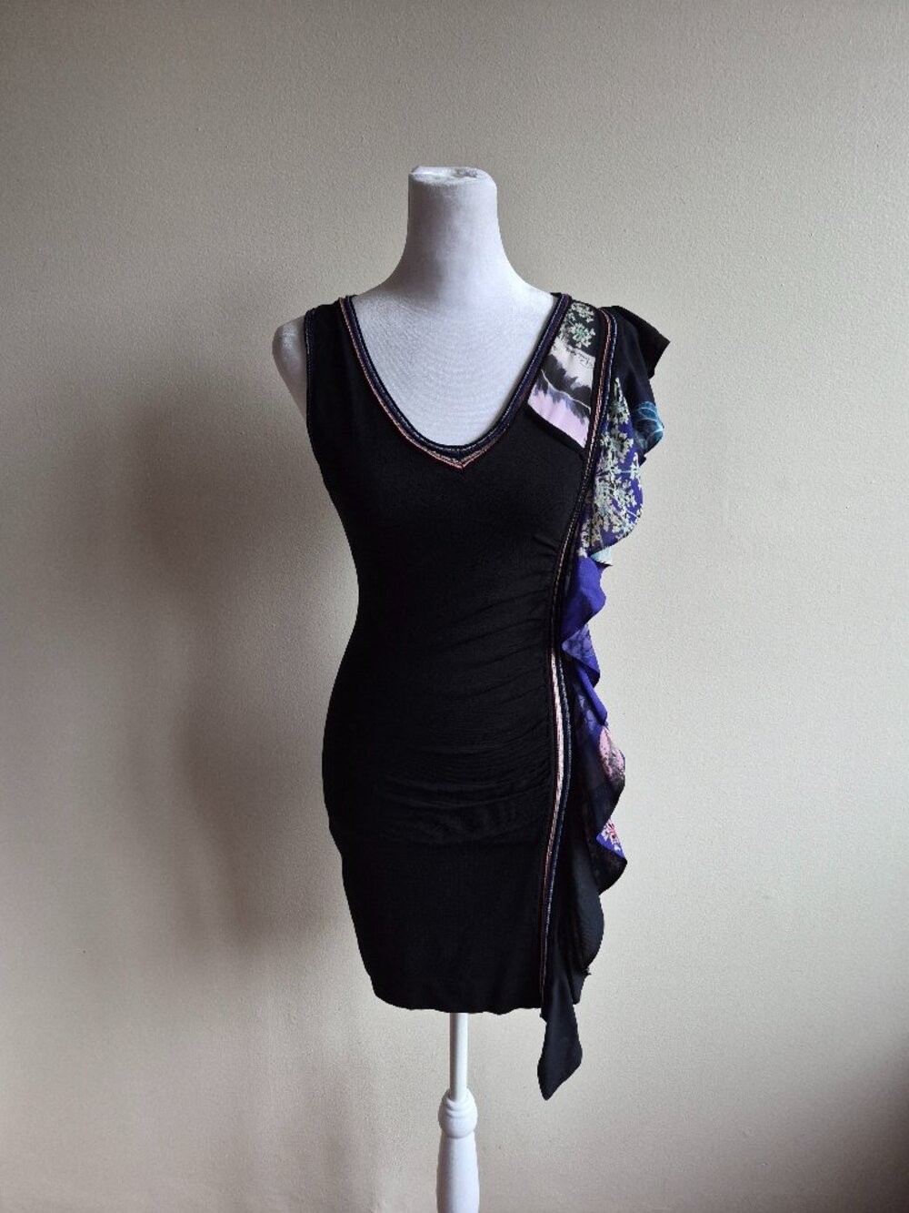 Roberto Cavalli Black Dress Bodycon Silk Ruffle Size 40 / S